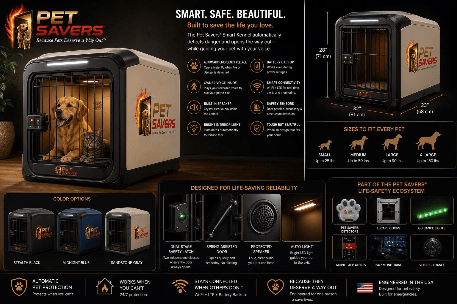 Pet Savers smart kennel concept with automatic release, lighting, voice guidance, and safety sensors